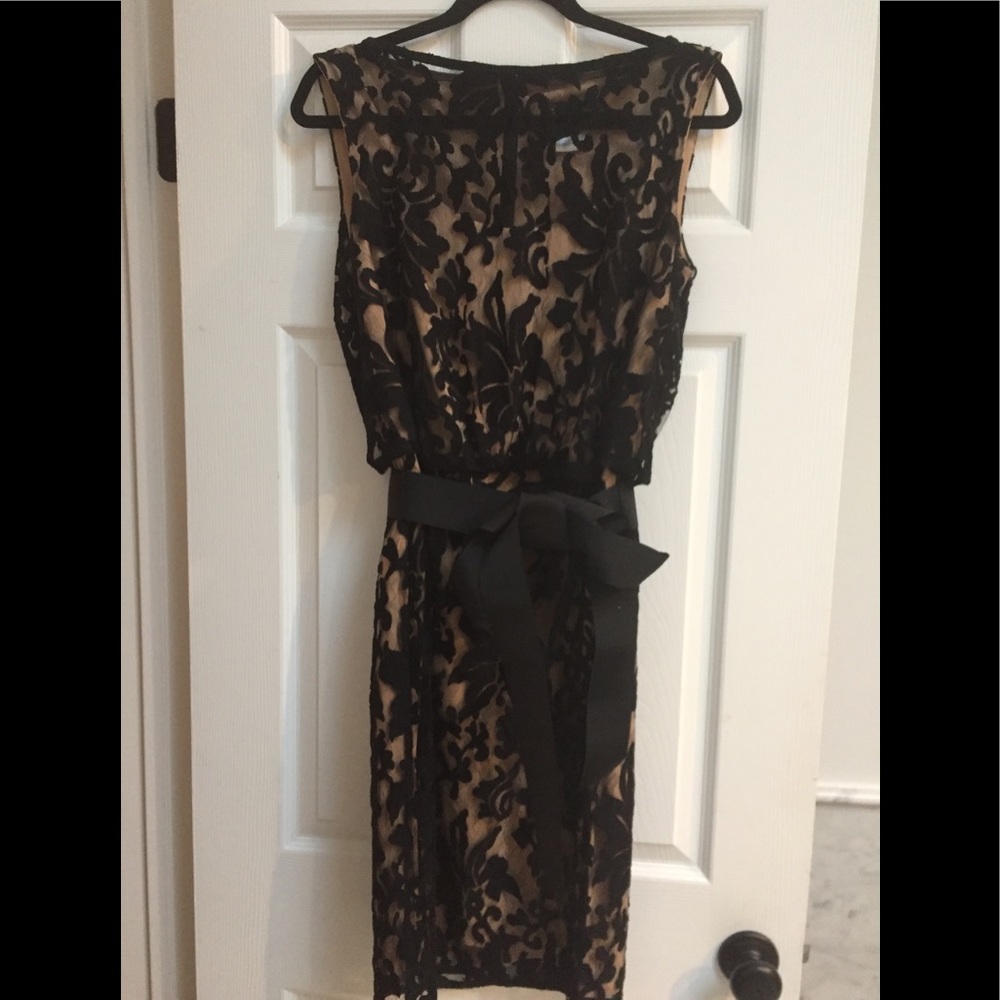 Tadashi Shoji Black Lace Overlay on Nude Sheath Dress with Sash